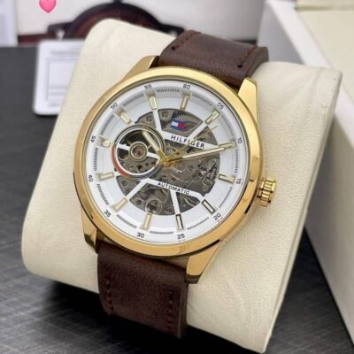 TOMMY HILFIGE AUTOMATIC SKELETON LEATHER BROWN GOLD  844