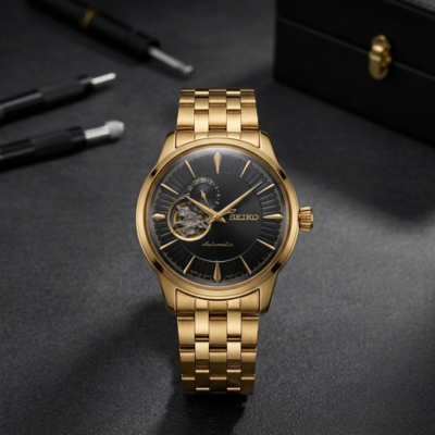 Seiko Presage Cocktail Time Open Heart Automatic gold black