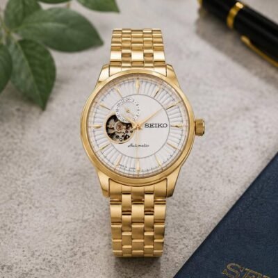 Seiko Presage Cocktail Time Open Heart Automatic gold white